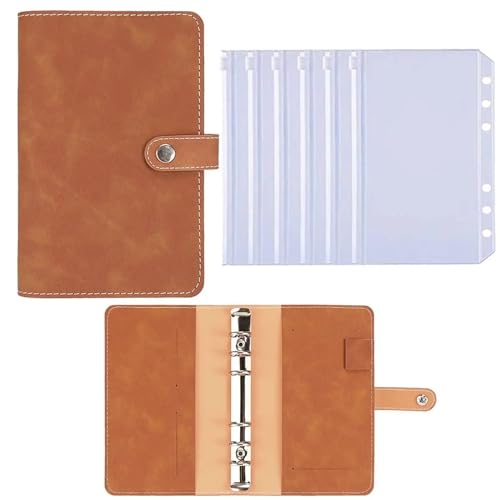 Classeur Budget Classeur de Budget A6, couverture de carnet de notes, manuel à feuilles mobiles en PU, classeur à 6 trous, Agenda, couverture en papier, papeterie scolaire Enveloppe Budget(Brown 6 zip