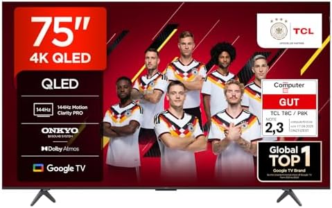TCL 75T8C 75 Inch QLED 4K HDR UHD TV, Smart Google TV, Dolby Visi...