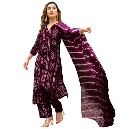 ANNI DESIGNER Womens Rayon Blend Straight Bandhej Printed Kurta with Pant & Dupatta (Baghira Wine_XL_Wine_X-Large) (B0DFTRDM79) Amazon Price History, Amazon Price Tracker