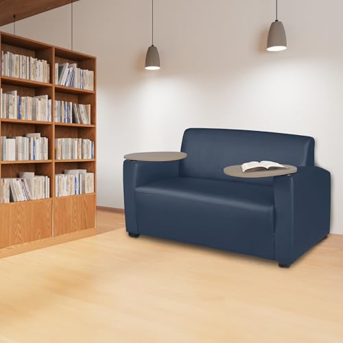 Image of Romig Superstellar Loveseat with 360-Degree Swiveling Tablet Arm, Noble Oak Finish, Navy Blue Vinyl Upholstery, Ergonomic Seating for Offices, Homes, Lounges, or Study Areas
