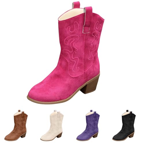 Cowboy Boots For Women Knee High 2025 Women's Embroidered Stitched Rodeo Boot Pointed Toe Chunky Block Heel Classic Pull On Cowgirl Western Booties