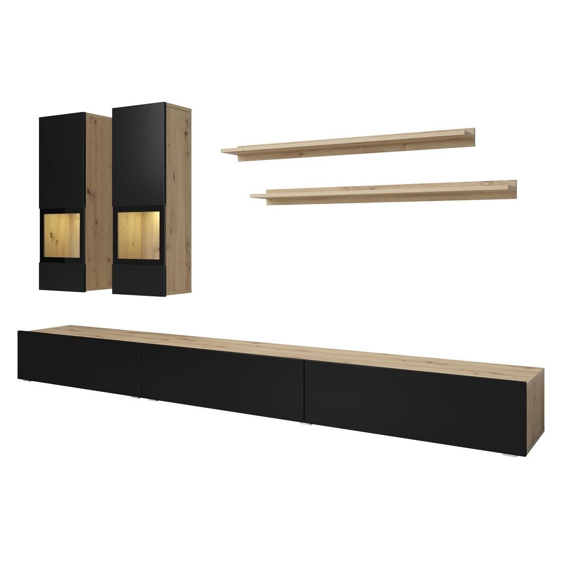 Ensemble Salon Complet Ramos – Chêne et Noir – 7 Meubles avec LED Multicolore intégrée