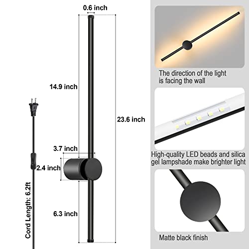 Wall Sconces Set of Two with Remote, Stepless Colors 3000K-6500K & Stepless Dimming, Hardwire or Plug-in, 180° Rotate, LED Black Plug in Wall Sconces with Timer & Night Light, 23.6 Inches by GOODATE - Image 7
