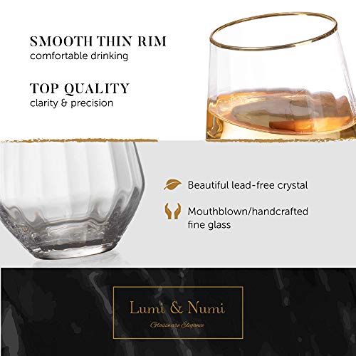 Hand Blown Stemless 15.5 Oz. Wine Glass - 24K Gold-Rim - Set Of 4 Classic Red & White Wine Glasses + Bottle Stopper, Lead-Free Crystal Cocktail Goblet -Tumbler For Entertaining & Gifting, Lumi & Numi #TOP6