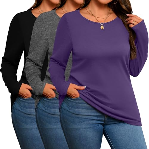 Evervibe 3 Pack Women's Plus Size Cotton Shirts, Scoop Neck