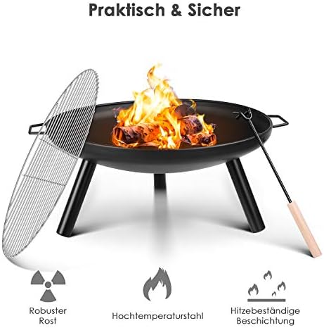 Fire Bowl Diameter 59 cm, Fire Pit with Grill Grate and Handles, Multifunctional Fire Bowl for Heating/BBQ, Garden Fire Basket & Grill, for Camping Picnic Garden, 68 x 59 x 28.5 cm, Portable
