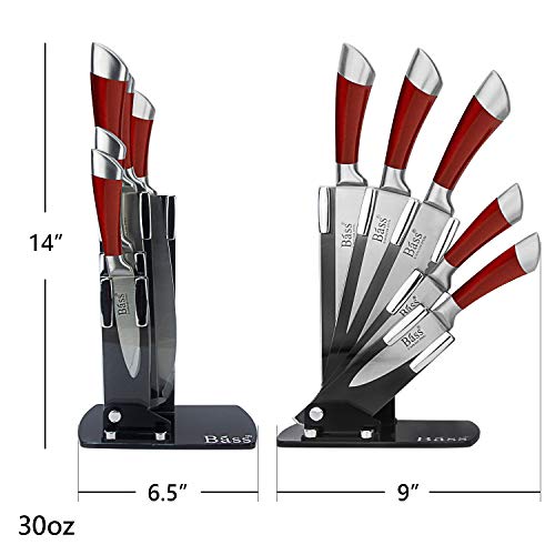 Evelyne Gmt-10031 Stainless Steel Kitchen Knife Set With Red Handle Hilt, 5 Knives And 1 Pivotable Swivel Holding Block With See-Thru Side #TOP1