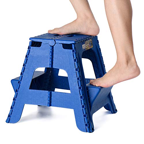 Acko 2-in-1 Dual Purpose Folding Step Stool Two Step Ladder Durable Plastic Folding Stool with Pedal Easy Storage 15 Inches Height 300 lbs Capability Blue