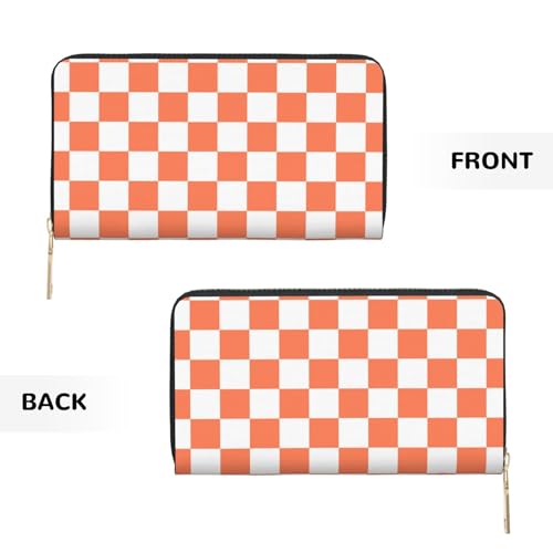 White Orange Checkerboard Print Wallet Women Men, Long PU Leather Wallets for Women, Cute Womens Travel Wallet Purse Pouch with Zipper Pocket2
