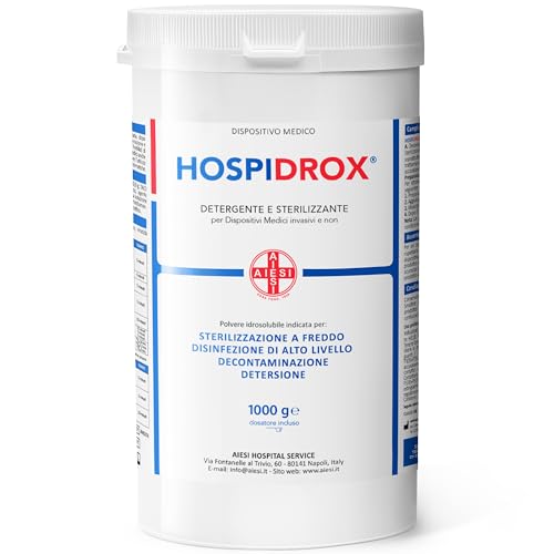AIESI® Sterilizzante a freddo in polvere per ferri chirurgici dispositivi medici strumenti estetica acido peracetico 1 Kg HOSPIDROX, Detergente, Decontaminante, Tempo di contatto 10 minuti