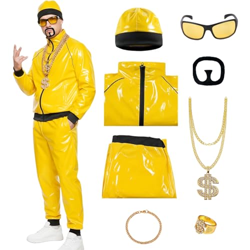 90s Rapper Fancy Dress Costume Accessories Set for Men 8 Pcs Ali Rapper G Costume Jacket Pant Hat Glasses Gold Chain Bracelet Beard Ring Celebrity Costume Hip Hop Halloween Stag Carnival Costume