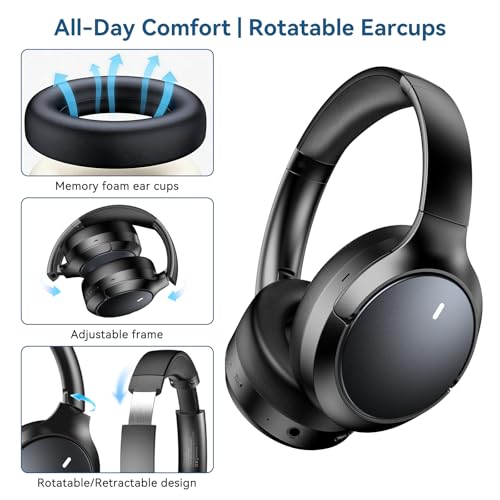 Image of Hybrid ANC Wireless Over-Ear Headphones, 100H Playtime, Hi-Res Audio, Bluetooth 6.0, Multi-Mode Noise Cancellation, Comfort Fit, iOS & Android Compatible, Foldable Design, Travel-Friendly (Black)