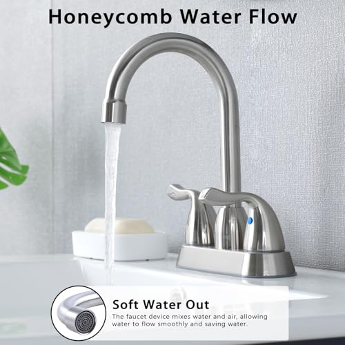 HOTIS HOME Brushed Nickel Bathroom Sink Faucet, 2 Handle 4 Inch Centerset Bathroom Faucet, 3 Hole Small Bathroom Sink Faucet with Supply Lines and Pop-up Drain, RV faucets for Camper Lavatory Vanity by HOTIS HOME - Used condition - Image 3