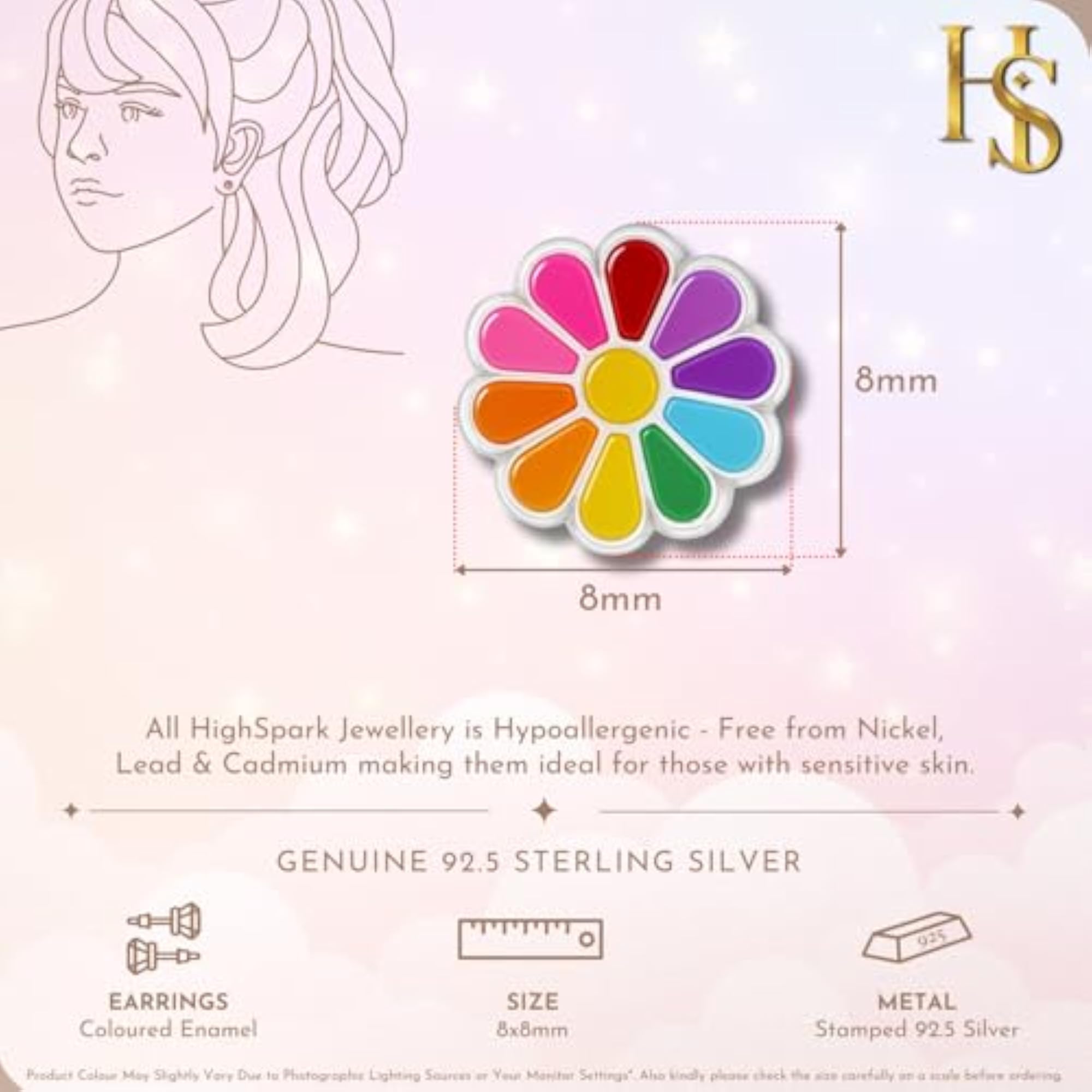 Women's 925 Enamel Daisy Rainbow Flower Stud Earrings
