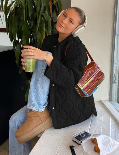 Flygo Women’s Oversized Quilted Lightweight Jacket - Black Medium Puffer with Pockets for Cozy Style - Image 4