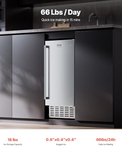 Image of VEVOR Under Counter Ice Maker, 66 Lbs /Day Under Counter Nugget Ice Makers Machine with Drain Pump, Reversible Door, 18 Lbs Storage, Stainless Steel Freestanding Ice Maker for Commercial Home Kitchen
