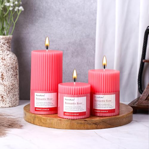 Image of ASIAN AURA Ribbed Pillar Candles - Pack of 3 | Scented Candles for Home Decor, Gifting & Festive Use | Long Burn time up to 36hrs | Clean-Burning Wax & Smokeless Flame (Romantic Rose)