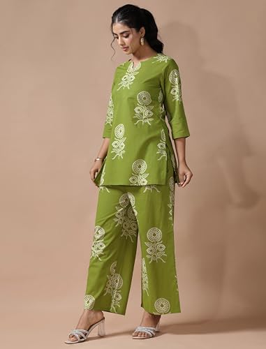 Image of Pinkmint Women's Pure Cotton Co Ord Set l Kurta Sets for Women |Kurta Sets| Printed Kurta with Pant l Stylish Pocket & 3 /4 Sleeve Women Co-ord Set (Avaiable in Plus size)