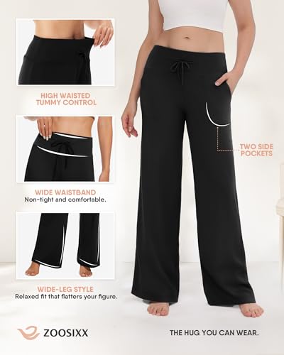 Image of ZOOSIXX Soft Black Pajama Pants for Women, Wide Leg Pants Woman Flowy Comfy Casual Lounge Yoga Capri Pants 22 inch / 30 inch