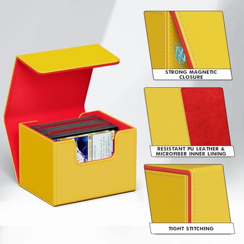 Image of ZLCA Card Deck Box for Trading Cards, MTG Commander Deck Box Holds 120+ Single Sleeved Cards, Leather Magnetic Card Storage Box Fits for TCG CCG Magic Cards (Yellow&Red)