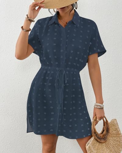 Women's Swiss Dot Short Sleeve Button Down Drawstring Cover Up Shirt Dress — view 4