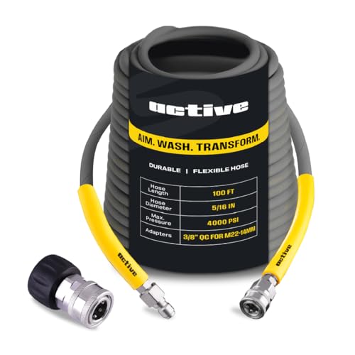Active 100’ Pressure Washer Hose Compatible with gas and electric pressure washers (M22-14mm) Kink resistant, flexible steel braided power washer hose, max operating spec of 4000PSI & 12GPM and 212°F