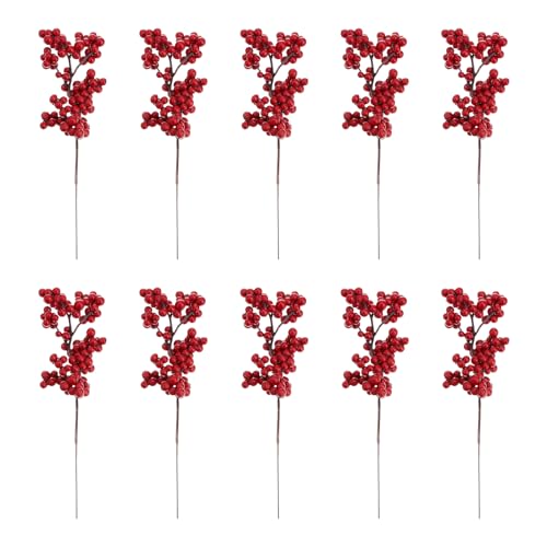 WINOMO 10Pcs Christmas Red Berries Artificial Berry Stems Artificial Fruit Berry Holly Flower Branch for Home Holiday Wedding Party DIY Christmas Tree Crafts Decorations