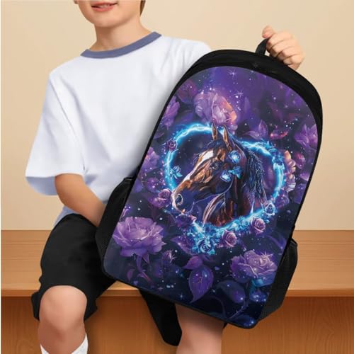 Aesthetic Horse Backpack for Girls Kids Backpack with Lunch Box Zipper Pencil Pouch and Leather Bookmark 4 Pcs Set 17" Bookbag with Compartments for Teens School Sturdy Elementary School Bag2