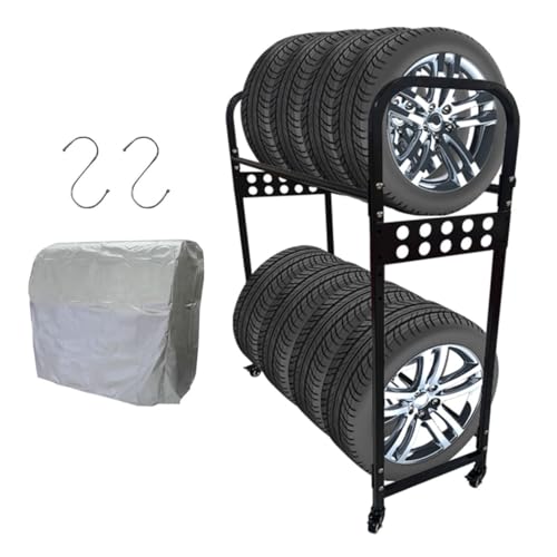 【タイヤの収納、これ一台で完結。】 ONE STEP タイヤラック タイヤスタンド カバー付き キャスター 2段式 8本タイヤ収納 タイヤカバー 保管ラック (ブラック)