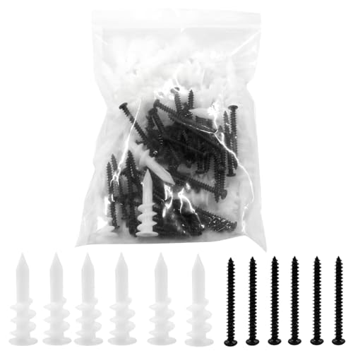 Unlorspy 50 Pcs 13 x 42 mm White Nylon Self Drilling Plastic Drywall Anchors with M4 x 40mm Black Philips Flat Head Screws for Hanging and Mounting (Long)