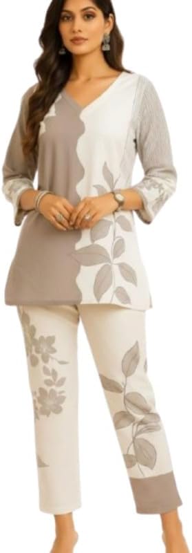 Suvee Women’s White and Grey Abstract Printed Co-ord Set