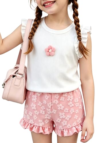Image of Ayzozuy Kid Girl Clothes Shorts Set 2 Piece Outfits Summer Casual Short Sleeve Top and Shorts Set for Girls 4-7