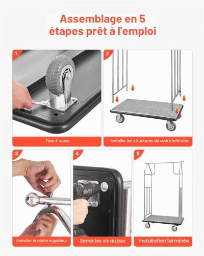 VEVOR Chariot à Bagages Hôtel, 362 kg, Chariot à Plate-Forme de Concierge, Finition INOX Brossé, avec Moquette Grise, Roues Caoutchouc 15,24 cm, Porte-Bagages pour Hôtels, Condos, Complexes Hôteliers – vue 6