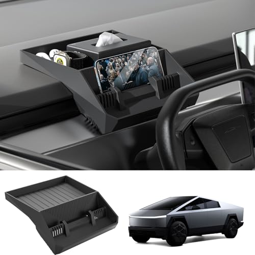 TSELLER for 2024 Tesla Cybertruck Center Console Organizer - Hidden Behind-Screen Storage Tray Dashboard Caddy Silicone Sunglasses Holder Black Interior Accessories