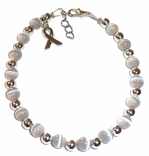 Cancer Awareness Bracelet, For Showing Support or Fundraising Campaign, Adult Size with Extension, 6mm Cat's Eye Beads. Comes Packaged. (Brain Cancer - Grey)