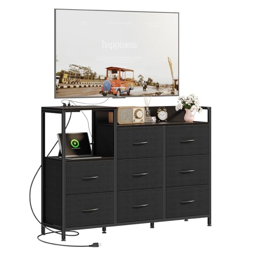 Image of DUMOS TV Stand Dresser with 8 Fabric Drawers & Open Shelf, TV Stand with Wooden Top, Entertainment Center with Charging Station for Living Room, Hallway, Black