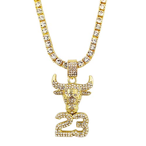 HH Bling Empire Mens Iced Out Hip Hop 14K Gold Artificial Diamond NBA Basketball Related Pendant cz Tennis Chain Necklace 22 Inch (NO.23-3) - Thumbnail 2