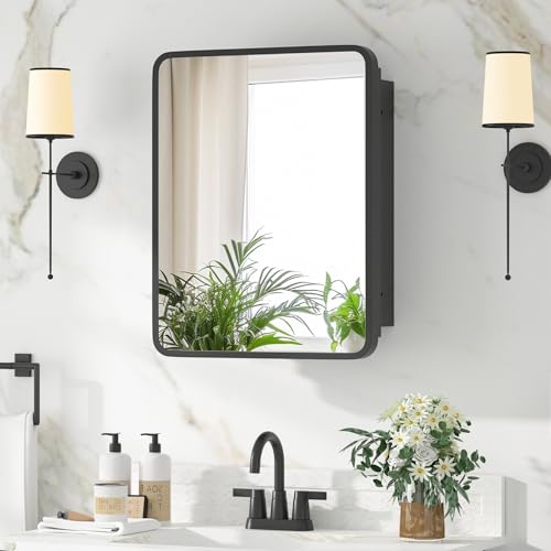 YTSMIR Medicine Cabinet with Mirror 14x18 Inch Black Bathroom Mirrored Cabinet Metal Framed Wall Cabinet with Beveled Mirror Modern Surface Mount or Recessed Medicine Cabinet with Storage