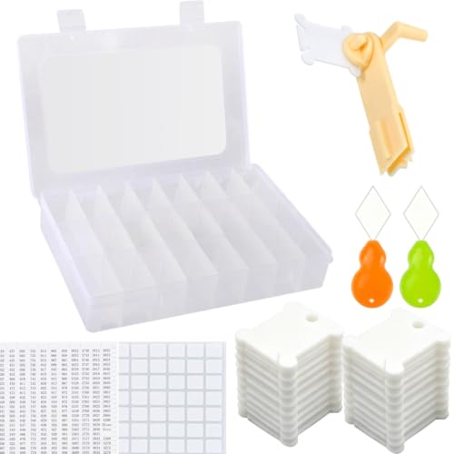 Image of Embroidery Floss Organizer, Cross Stitch Thread Storage Box Tools - Bobbin Winder, 1 Removable 24 Compartments with 50 Hard Plastic Floss Bobbins and Stickers for Craft DIY Embroidery Sewing Storage
