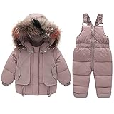 LCIGIA Jungen Skianzug Kinder Schneeanzug mit Pelzkragen Kapuze Mädchen Zweiteiliges Bekleidungssets Skijacke + Skihose Verdickte Winterjacke Daunenjacke Daunen Hose, Rosa, 104-110