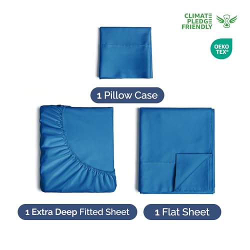 Extra Deep Pocket Twin Sheets - 3 Piece Breathable & Cooling Bed Sheets - Hotel Luxury Bed Sheet Set - Soft, Wrinkle Free & Comfy - Easily Fits Extra Deep Mattresses - Deep Pocket Royal Blue Sheets by CGK Unlimited - Used condition - CA$22.23