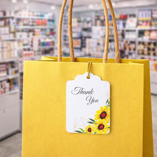 Image of CVANU Floral Thank You Gift Tags (Set of 200), Elegant Flower Design (D9) Hanging Tags with Gold String for Wedding Return Gifts & Small Business Packaging (2.85 x 1.7 Inch)