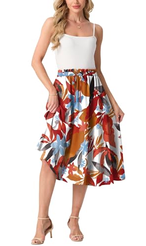 GRECERELLE Womens Summer Midi Skirts Boho Flowy Casual High Waisted Palazzo A-Line Skirt with Pockets & Adjustable Tie Belt (White Maple Flower, L) - Image 7