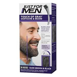 Just For Men Touch of Gray Mustache &amp; Beard, Beard Coloring for Gray Hair with Brush Included for Easy Application, Great for a Salt and Pepper Look - Dark Brown &amp; Black, B-45/55, Pack of 1