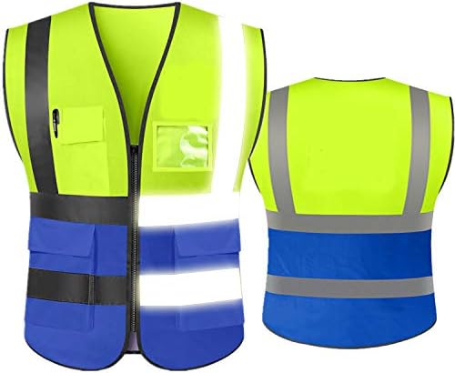 DOBYYUNZHEN High Visibility Safety Reflective Vest with Pockets and Zipper Construction Hi Vis Work Vest(Neon Yellow/Blue 2XL)