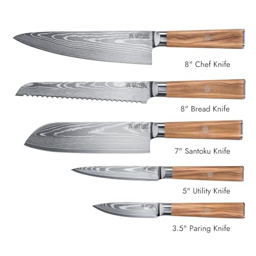 Image of Yatoshi Knives Magnetic Kitchen Knife Block Set - Japanese 67 Layer High-Grade VG-10 Steel Knives, Sharp, Professional Kitchen Knife Set - Damascus (6 pieces), Olive Wood Handles