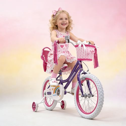 Image of WinHope Girls Bike, 12-18 Inch Children's Bicycle for 2-9 Years Old, Beginner Kids Bike with Training Wheels, Doll Seat & Basket,Streamers for Outdoor Riding, Multiple Colors