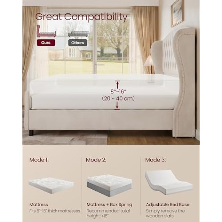 VASAGLE King Bed Frame with Tall Headboard, Upholstered Platform Bed Frame King Size, with Wingback Tufted Headboard and Footboard, Wooden Slats, No Box Spring Needed, Cappuccino Beige URMB884W01