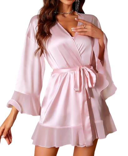 Image of RSLOVE Women's Sexy Lingerie Robe - Satin Dressing Gowns with Bodysuit Set Silk Nightwear Pink S