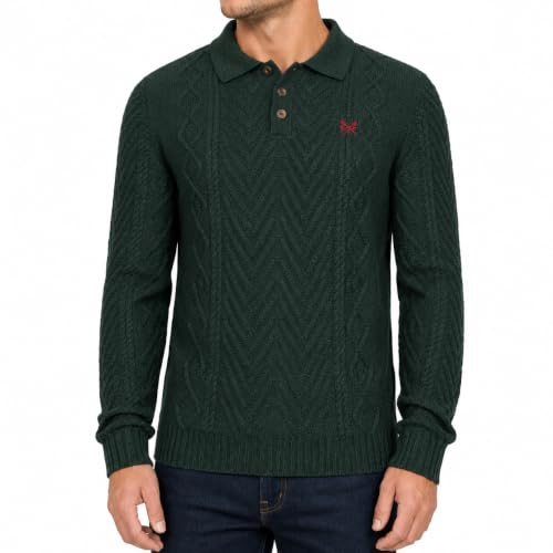 Image of Crew Clothing Men's Cable Knit Button Neck Jumper Cotton S-2XL Dark Green